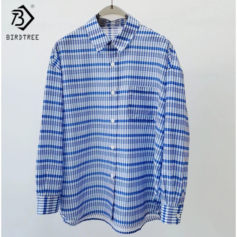 

Birdtree,27.7% Real Silk 72.3% Cotton Blouse,Women's Stripe Lapel Shirts,Full Sleeve Loose Tops,2025 New Casual Shirt T5D318JF