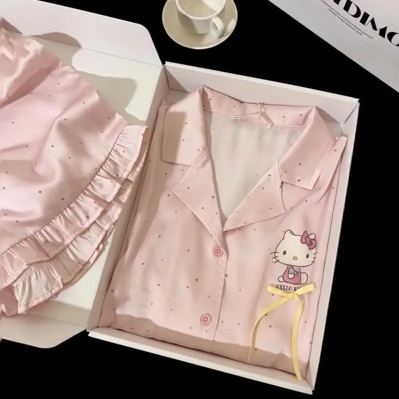 

Hello Kitty Girl Cartoon Pajamas Sets Sanrio Princess T-Shirt Leisure Wear Kawaii Summer Short Sleeve Shorts Loose Sweet Hot