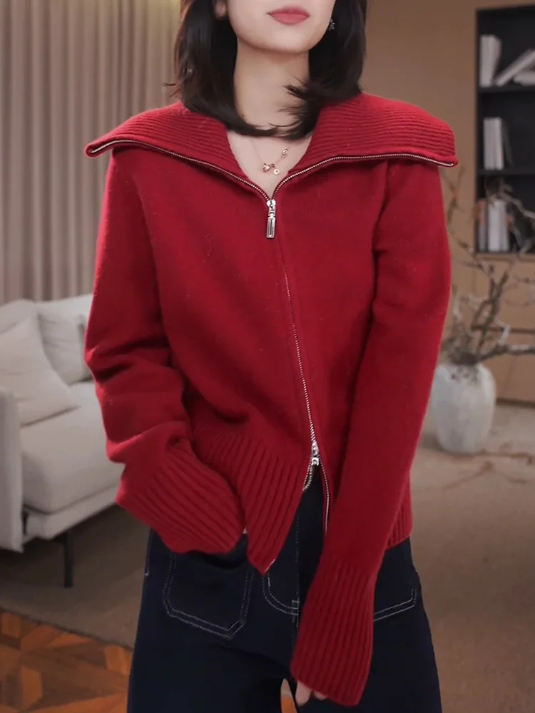 

Faionable Casual Red Collared Knitwear Top Large Size Women's Autumn New Arrival Versatile Warmth Heating Long Sve Camere