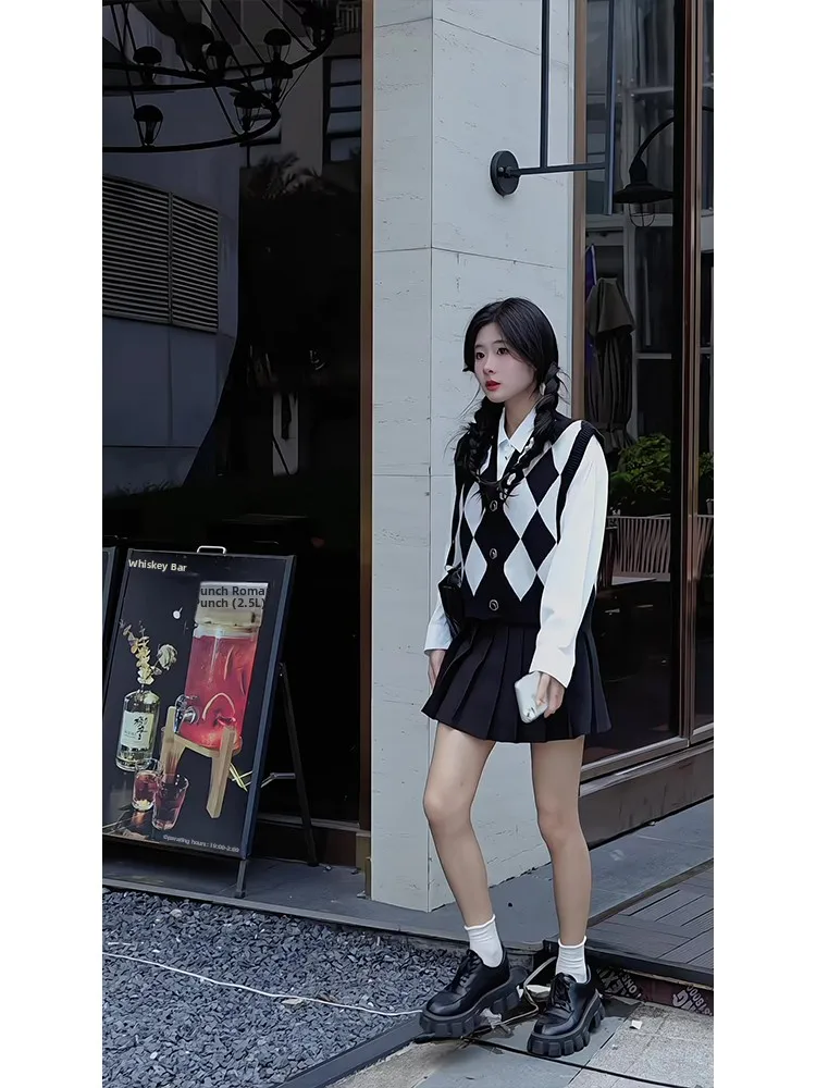 

Women's Knitted Sweater Vest Diamond Pattern Skirt Set College Style Layering Shirt Blouse Autumn Fashion Three Piece Suit