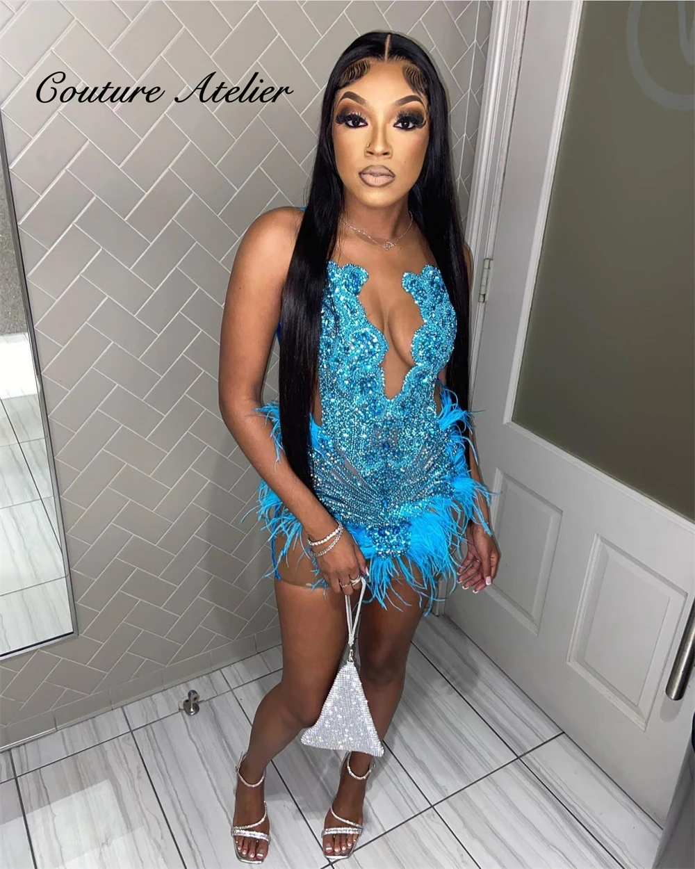 Fantastic Blue Feathers Rhinestones Mini Prom Dresses For Black Girls Mermaid Wedding Party Dress See Thru African Customized