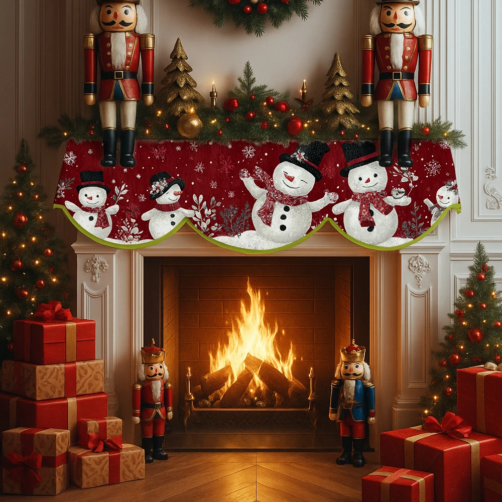 VIKAMA Red Christmas Fireplace Mantel Runner Snowman Winter Foliage Print Scalloped Mantel Scarf For Holiday Decor