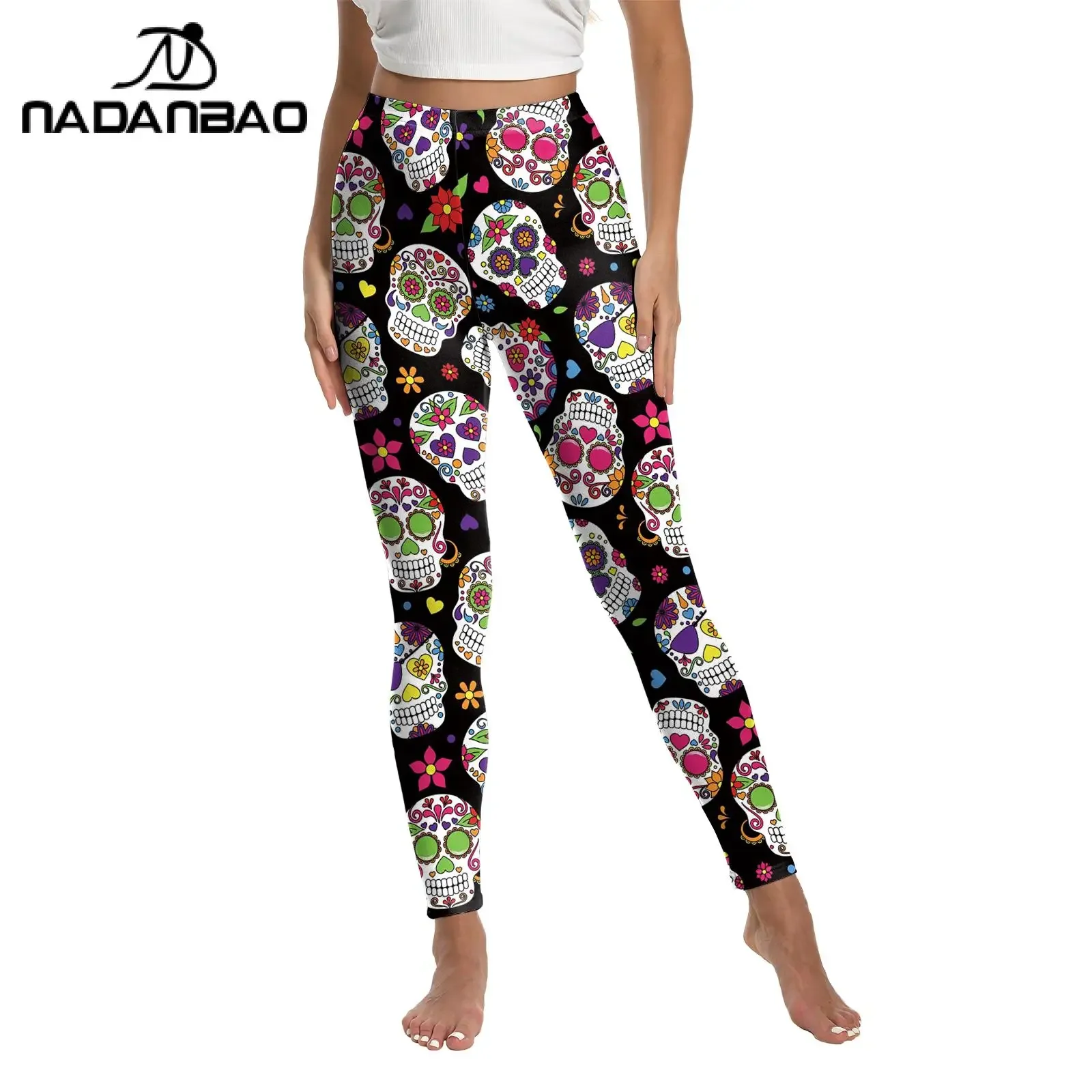 Nadanbao-mallas de esqueleto rosa para mujer, pantalones de fiesta con estampado 3D de calavera, medias sexys del Día de los muertos, pantalones de entrenamiento elásticos de cintura media