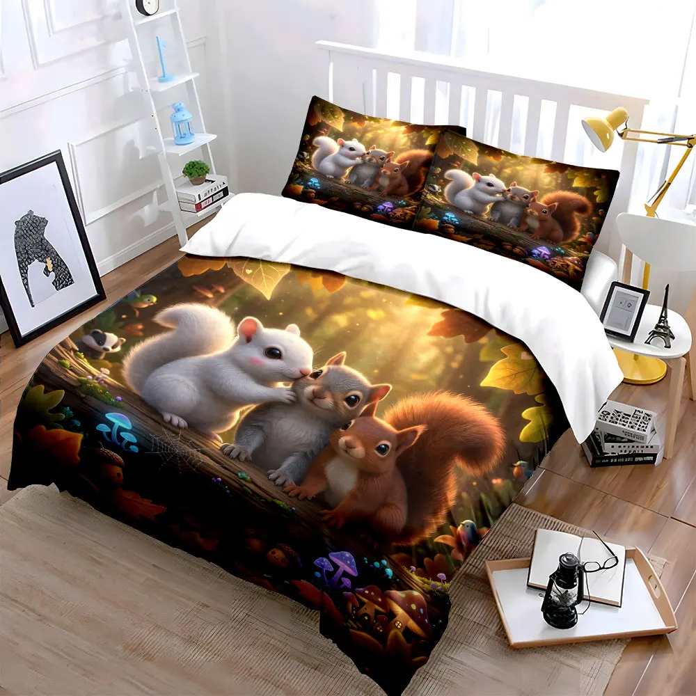 Three Adorable Squirrels in Forest Pattern Duvet Cover Set Digital Print Colorful Polyester Bedding with Zipper Closur
