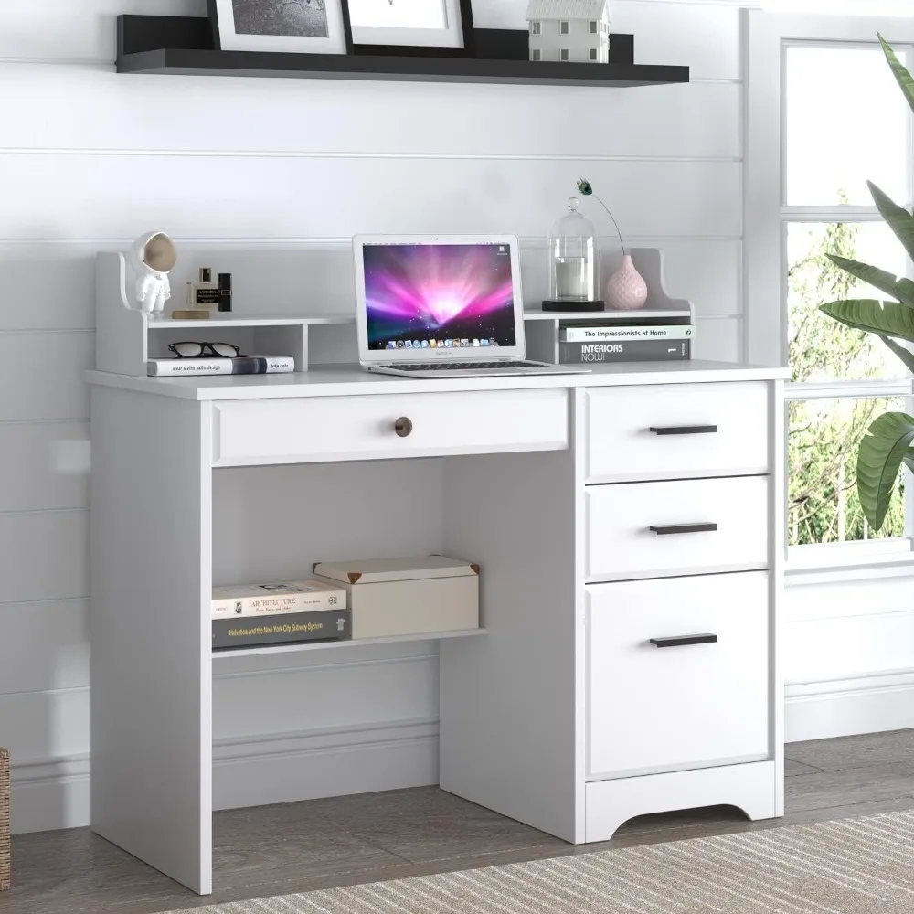 Bureau d'ordinateur avec portes de rangement et clapier, bureau à domicile, 4 portes de proximité, support de moniteur pour petit espace, 44 pouces