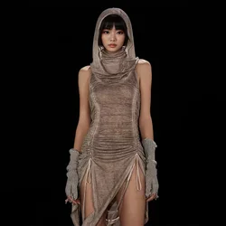 Candyhot Gothic Vintage Draw-string Hooded Dress Sexy High-neck Sleeveless Ruched Dress Irregular Off Shoulder Slim Vestidos