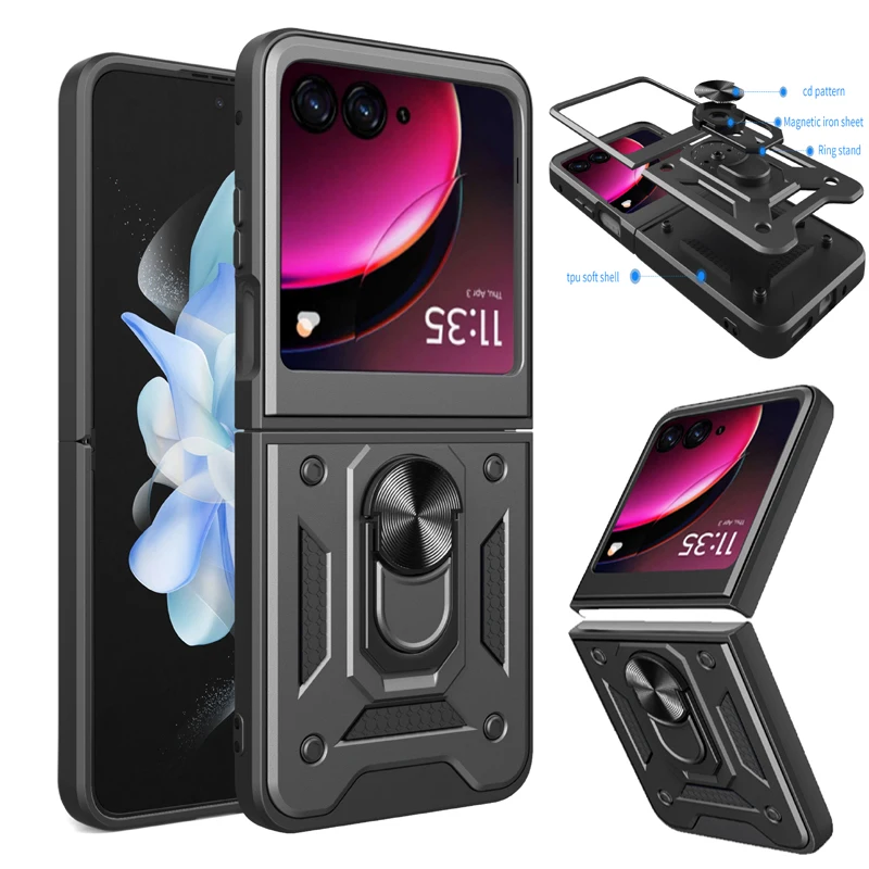 

For Motorola Moto Razr Plus 2025 2024 2023 40 50 60 Ultra Phone Case Ring Holder Armor Shockproof Cases Slide Lens Protect Cover