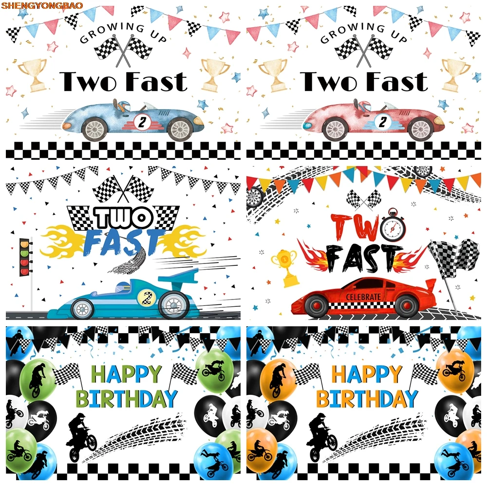 

Racing Birthday Party Backdrop 2 Fast Red Blue Car Competitions Black White Checker Party Decor Photography Background Supplies