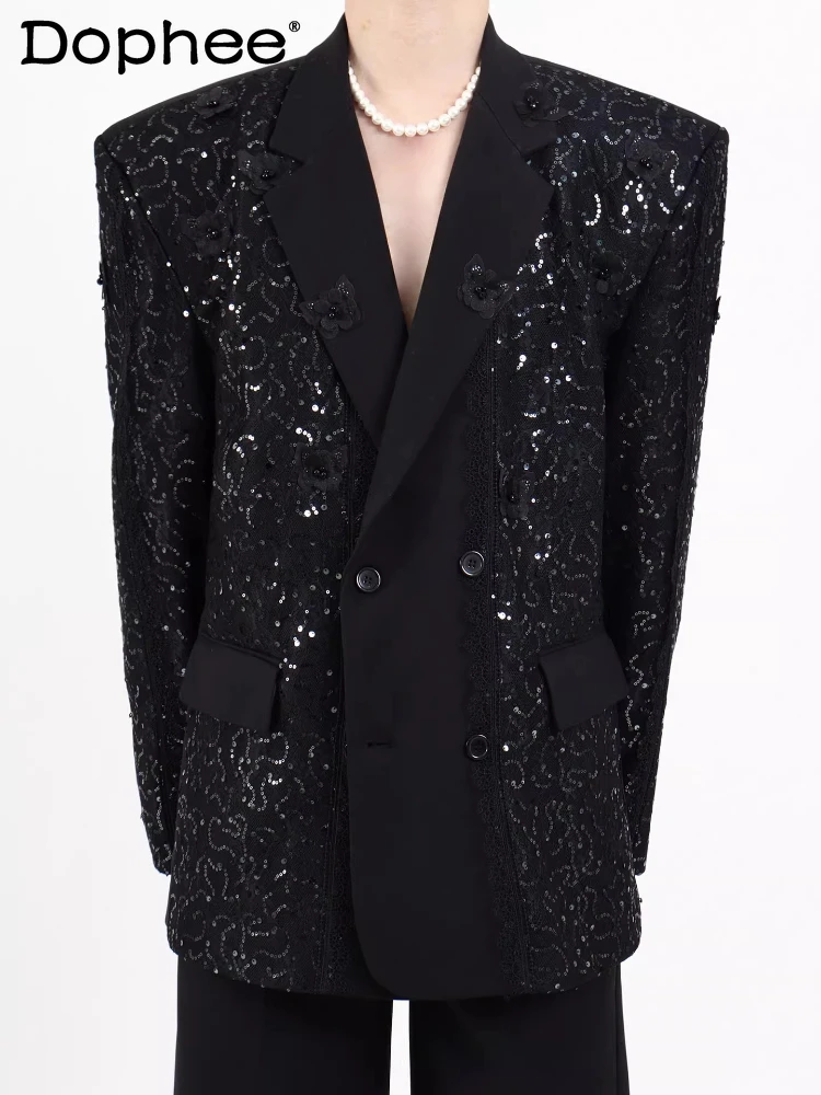 

Light Luxury Sequin Blazers 2026 Men's Spring New High-End Double-Breasted Tailored Coats Splicing Padded Shoulder Suit Jackets