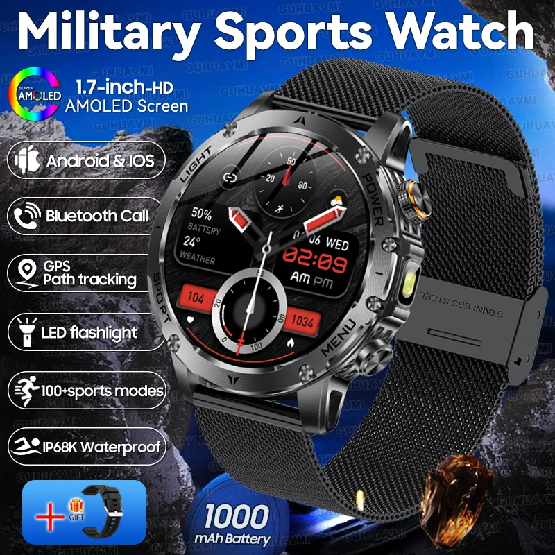 2025 New T-Rex 3 Military Grade 1000mAh Battery Smart Watch 5ATM Waterproof HD AMOLED LED Flashlight Call Men Sports Smartwatch