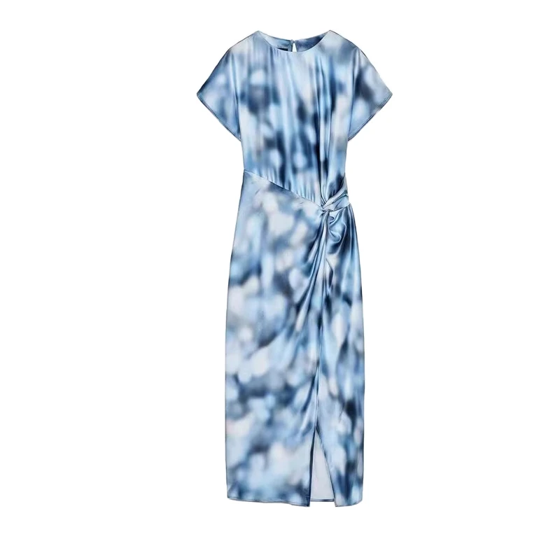 Primavera delle nuove donne tinte vita pieghettata rotonda Ne raso di seta sensazione di media lunghezza Dr Pendolarismo vita alta A-Line estate lunga