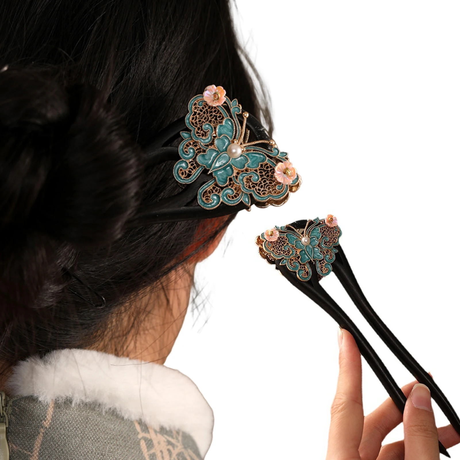 دبوس شعر على شكل حرف U على الطراز الصيني للنساء أنيق عتيق من خشب الصندل على شكل فراشة شرابة دبوس شعر خشبي فاخر خفيف #2