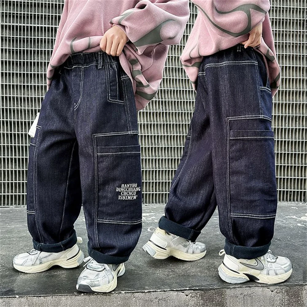 H081 Korean Fashionable Cargo Pants Boy Jeans Winter Warm Thick Boys' Jeans Children's Wide Leg Pants Kid Pants