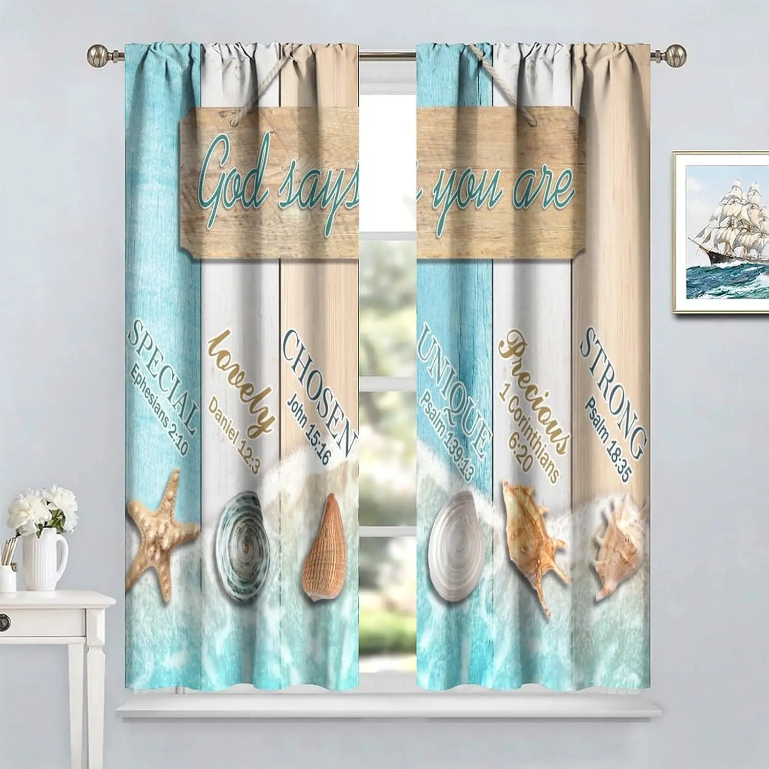 Beach Kitchen Curtains, Starfish Seashell Coastal Ocean Waves Rustic Wooden Board Tropical Summer Positive Quotes Window Drapes