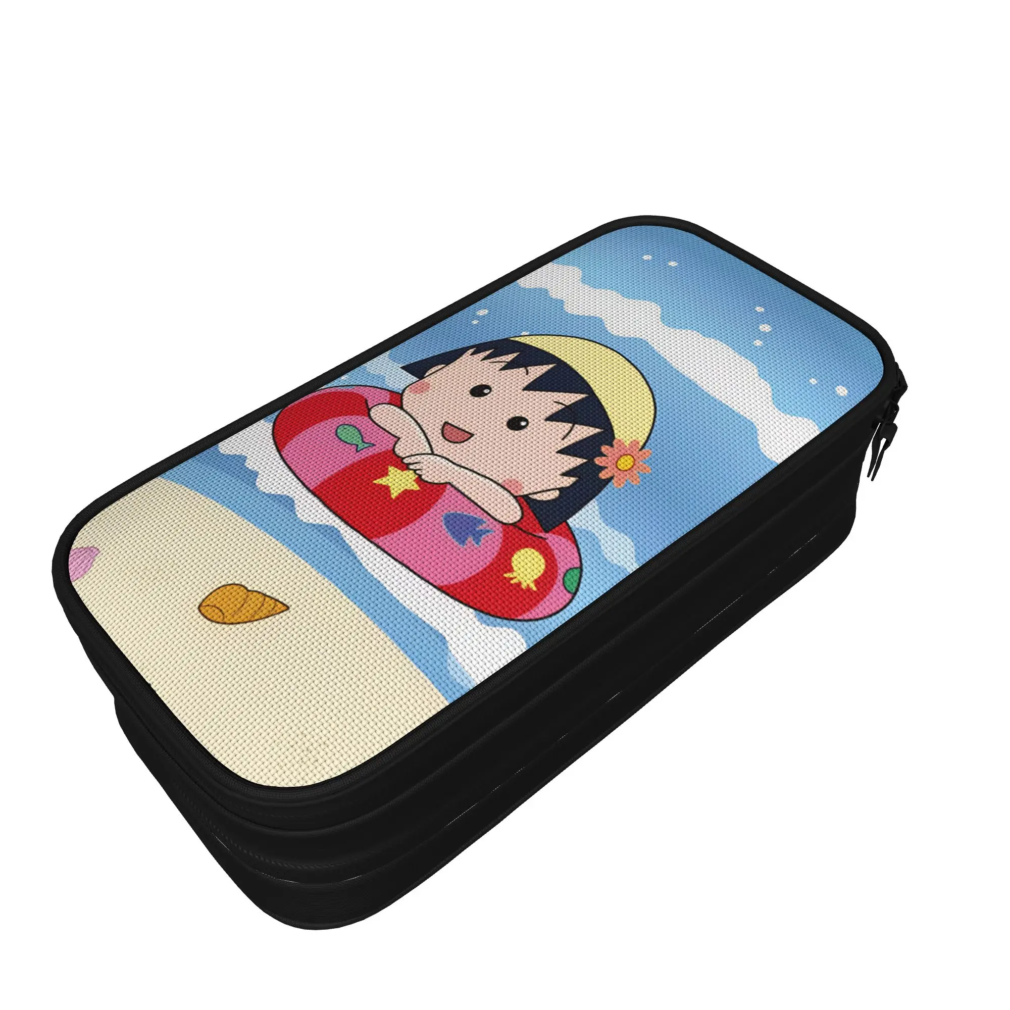 Chibi Maruko Chan Pencil Case  School Pencil Cases Double Layer Boy Girl Kawaii University Pencil Box Stationery Organizer