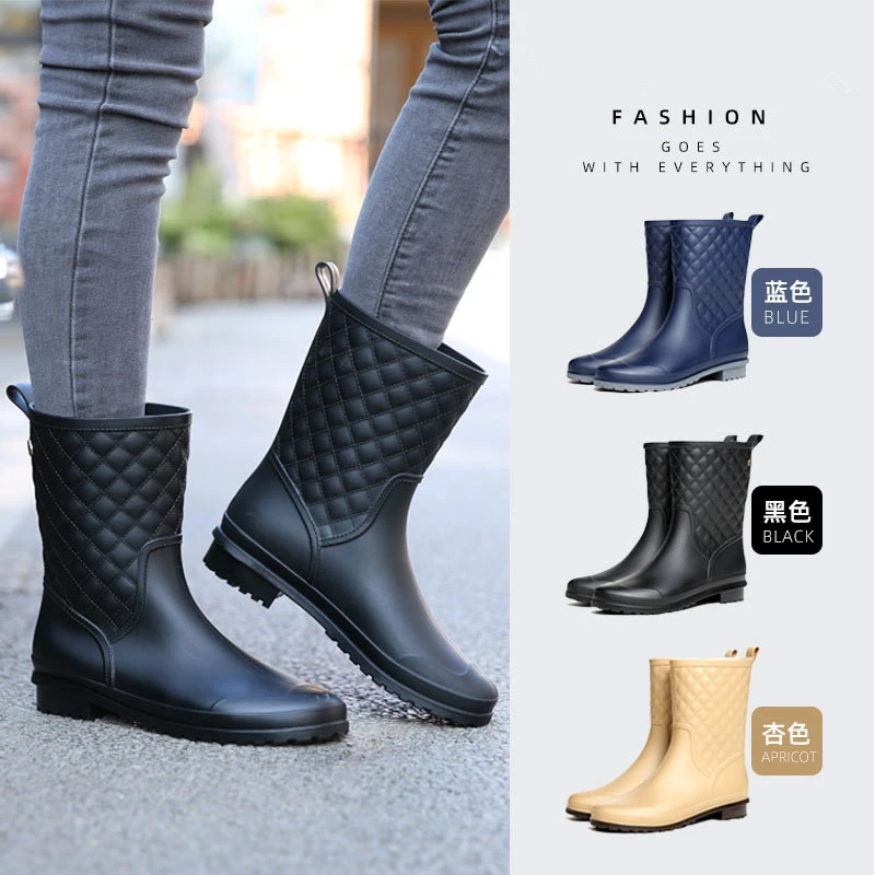 Ladies Rain Shoes New Plaid Casual Women Boots Fashion Mid-Calf Rain Boots Water Shoes Woman Slip-On Mid-tube Adult Rain Boots