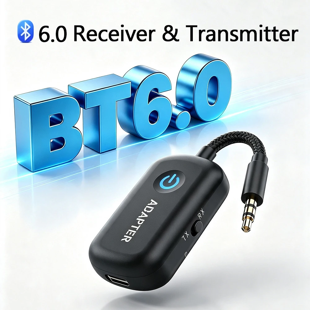 2 In 1 Bluetooth 6.0 Transmitter Receiver Stereo 3.5mm AUX Airplane Audio Wireless Adapter Mic for TV PC Headphone Car Aircraft