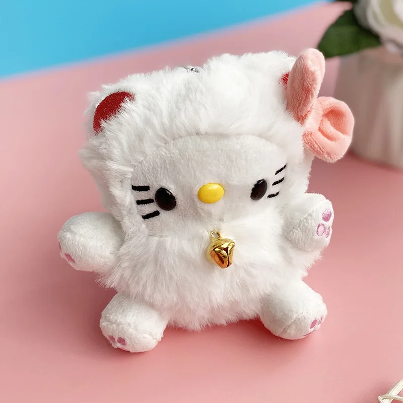 Kawaii Sanrio Hello Kitty Plush Doll Pendant Cartoon Ugly Cute Small Bell Kt Plush Keychain Stuffed Toy Bag Decoration Girl Gift