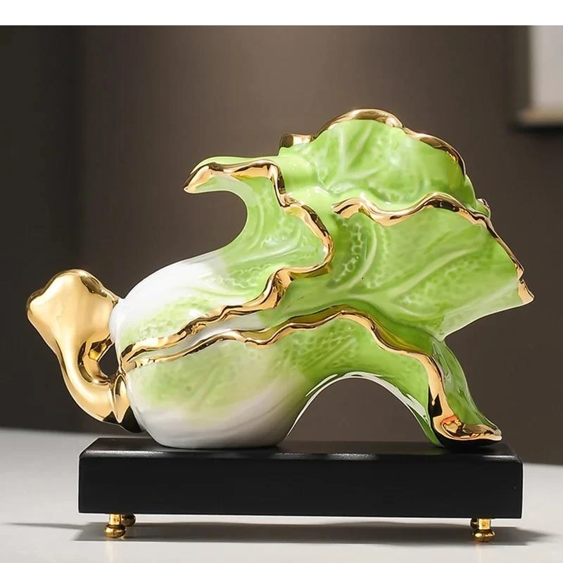 Gold-plated Green Cabbage Statue Desk Decoration Mascot Ornaments Modern Crafts Ceramic Sculpture Room Aesthetic Decor
