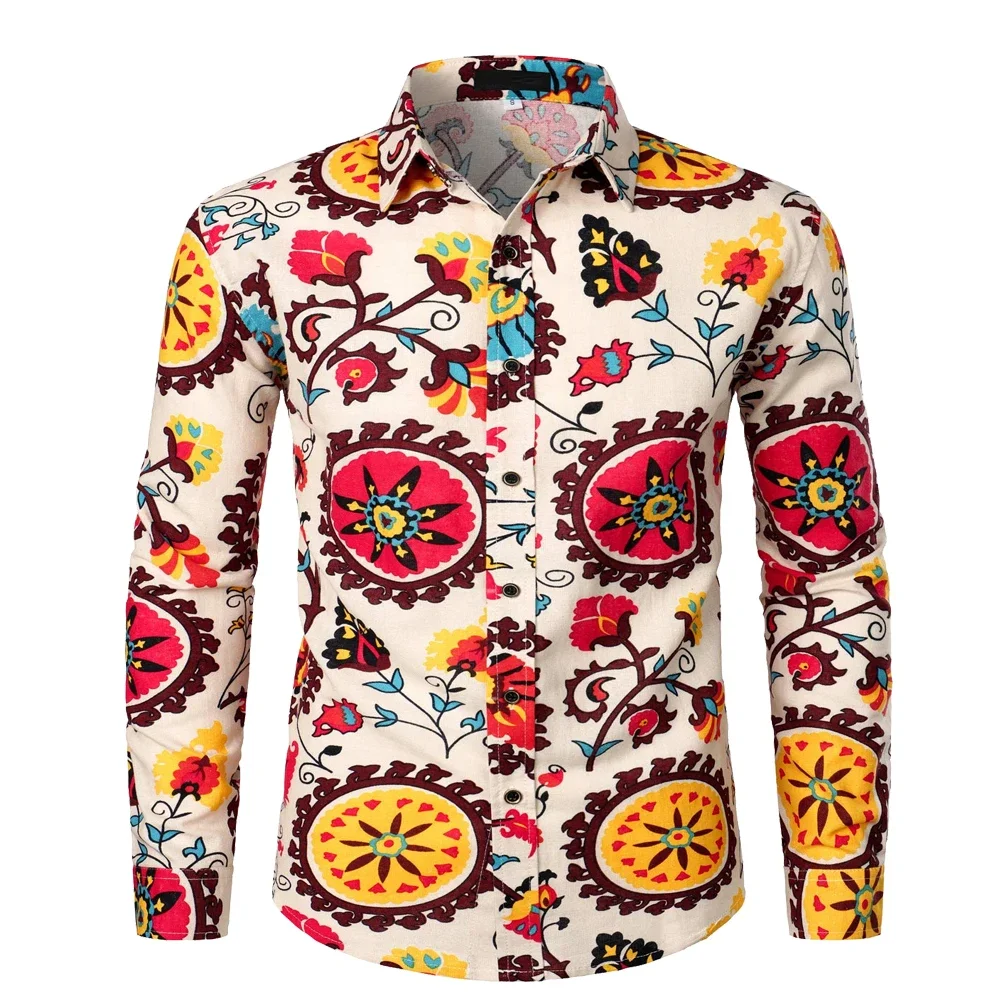 Anime Mens 70s Disco Hip Hop Casual Button Down Paisley Floral Vintage Long Sleeve multi-colored printed summer Shirt for adult