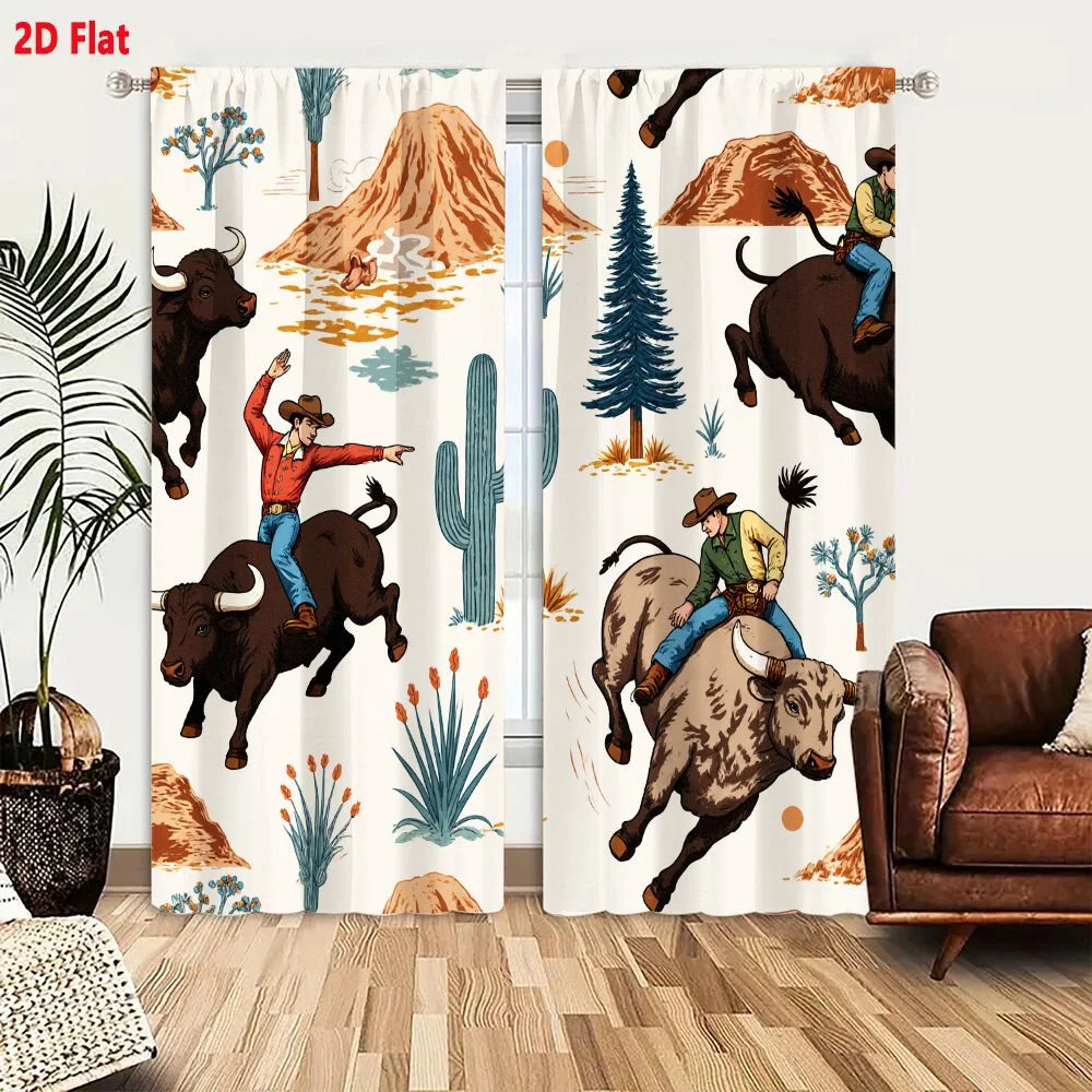 2Pcs Curtains 2D Flat Western Theme Seamless Pattern With Cowboys Bulls Desert Landscapes Cacti Trees Abstract Plants Earthy Ton