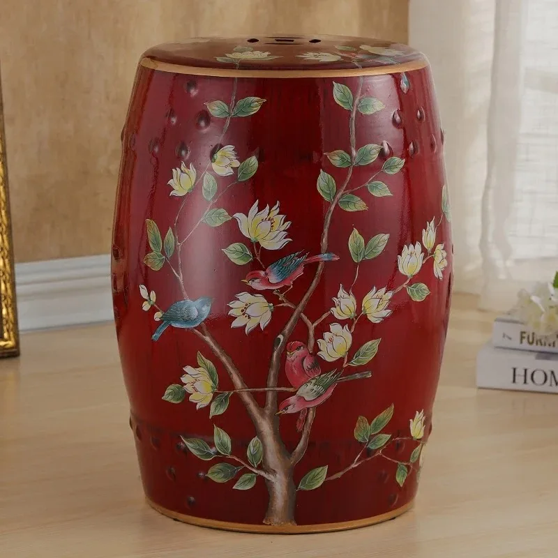 Chinese Style Ceramic Drum Stool, Hand-Painted Floral Bird Design Solid Porcelain Seat, Oriental Accent Ottoman for Entryway