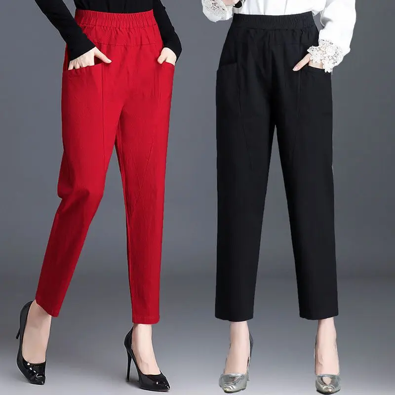 Pure Cotton Women Casual Pants Spring Autumn Korean New Solid Fashion Elastic High Waist Version Big Size Loose Straight Trouser