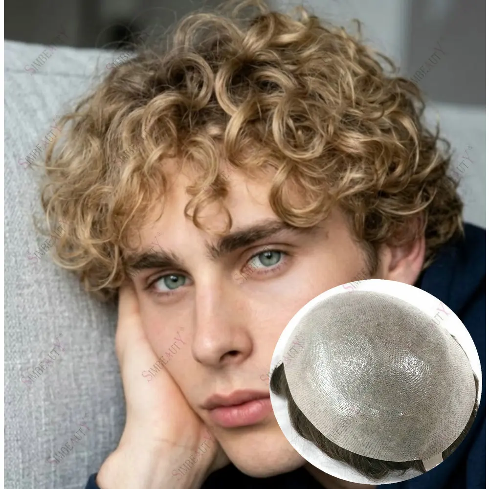 20mm Curly Toupee for Men Human Hair Wigs Natural Hairline0.06mm Thin Skin Base Durable Vlooped Prosthesis Capillary Hair System