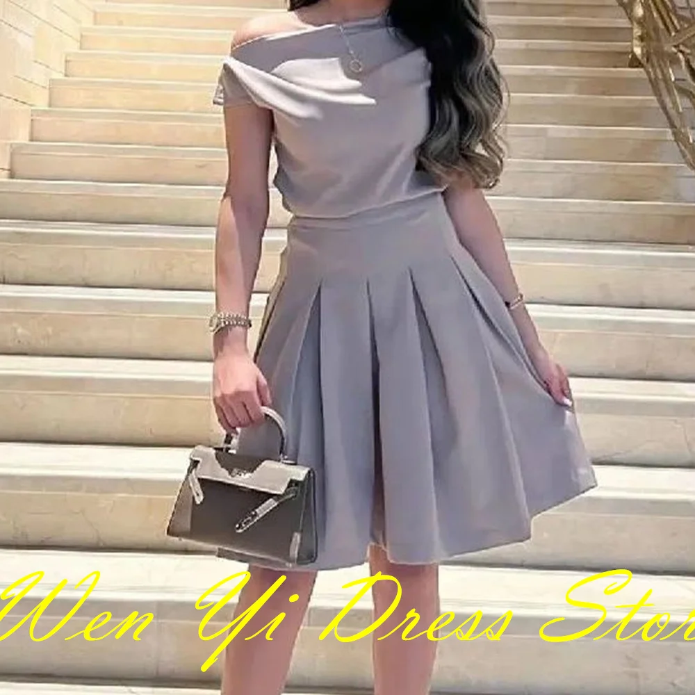 CustomizedOff the Shoulder Straight Short Sleeves Pleats Ankle Length Solid Color Elegant Party Dresses Woman Special Occasion G