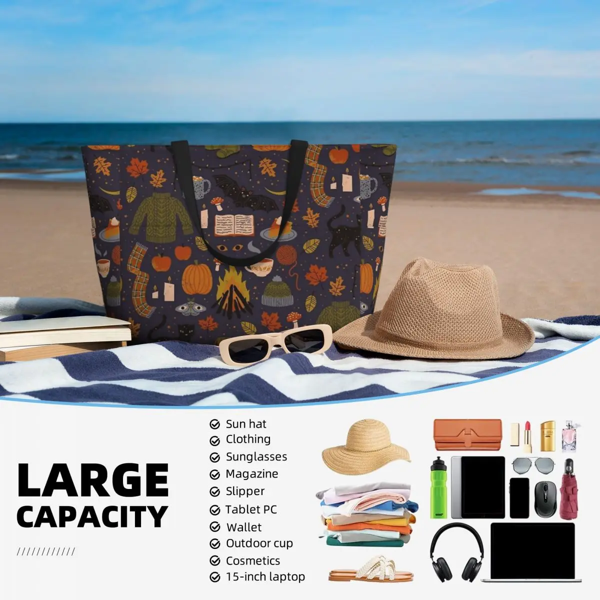 Autumn Nights Beach Travel Bag, Tote Bag Fashionable Shopping Sports Shoulder Bag Multi-Style Pattern