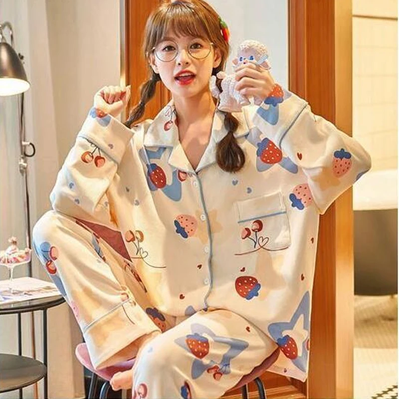 Spring Women Cute Pajamas Set Cartoon Soft Cotton Loungewear Turn-Down Collar Long-Sleeve Pants Sleepwear Girls Sweet Home Suit