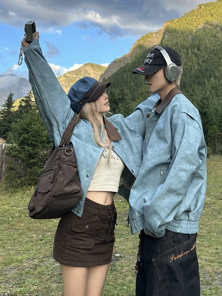 الأزواج مطابقة الخريف الشتاء بدوره إلى أسفل طوق اللون بلو بو الجلود Jaet الرجال خمر الأمريكية Sle معطف غير رسمي