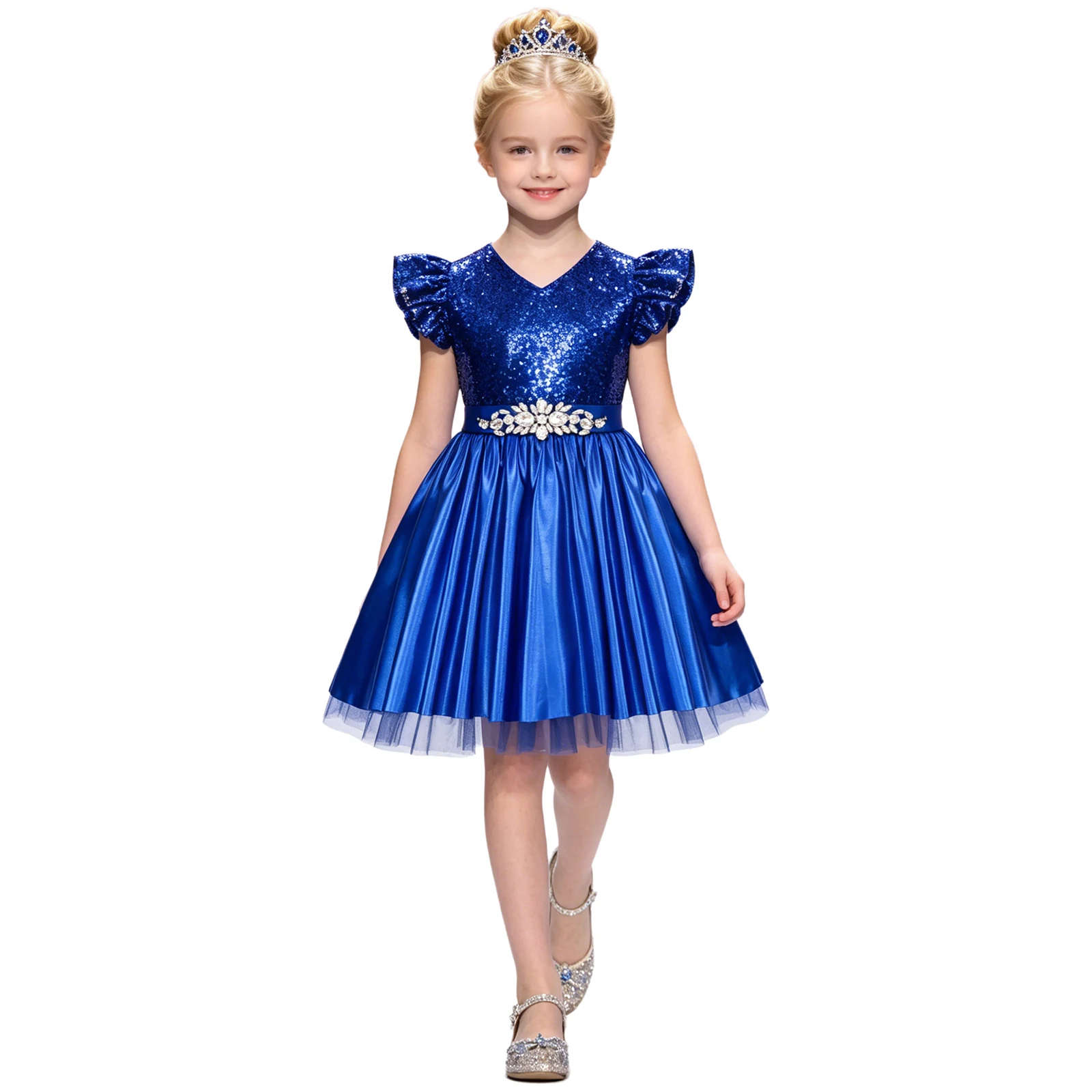 Kids Girls Flutter Sleeve Princess Tutu Dress for Wedding Party Birthday Festival Events Sparkly Sequin Ruffled Mesh Tulle Dress
