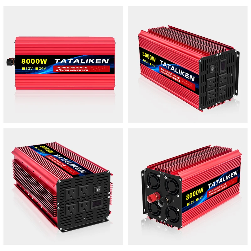 8000W Pure Sine Wave Power Inverters DC 12V/24V to AC 110V/220V 60HZ with 4 AC Outlets for Home RV Solar System Car