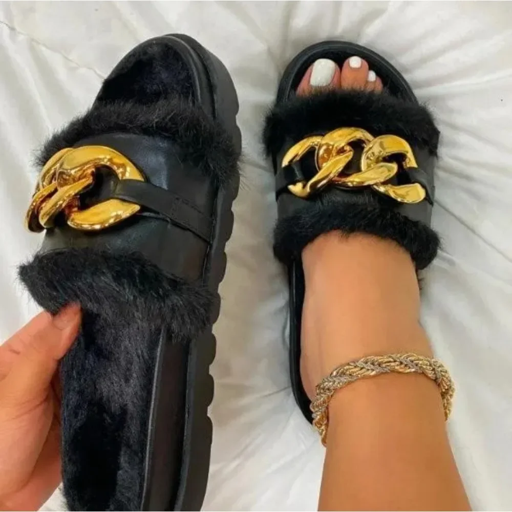 2024 Winter Plush Slippers Fashion Open Toe Solid Color Women\'s Sandals Metal Chain Outdoor Casual Women\'s Shoes  Fashion Shoes