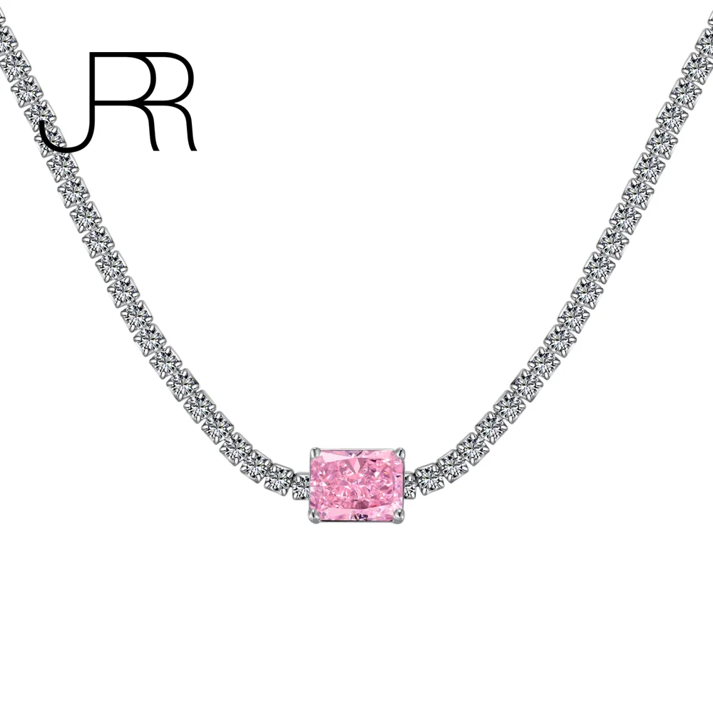 

JRR 925 Sterling Silver 2CT Radiant Cut Diamond Gemstone Tennis Chian Necklace for Women Fine Jewelry Wholesale Valentine's Gift