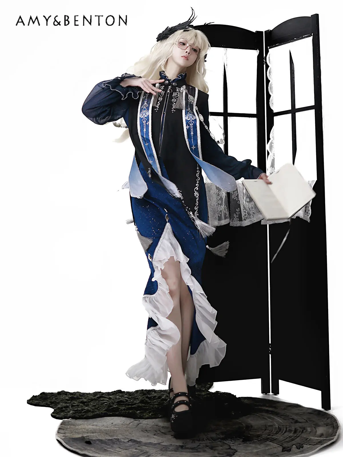 

2025 Spring and Autumn Astrology Gothic Lolita Dark Girl Court Shawl Blue Half Skirt Versatile Long Sleeve Shirt Three-Piece Set