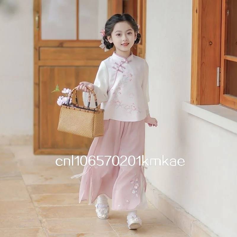 小さな女の子の古代中国の衣装-2-ピース唐服刺繍スタンドカラートップ流れるようなピンクのスプリットパンツ伝統的な漢服