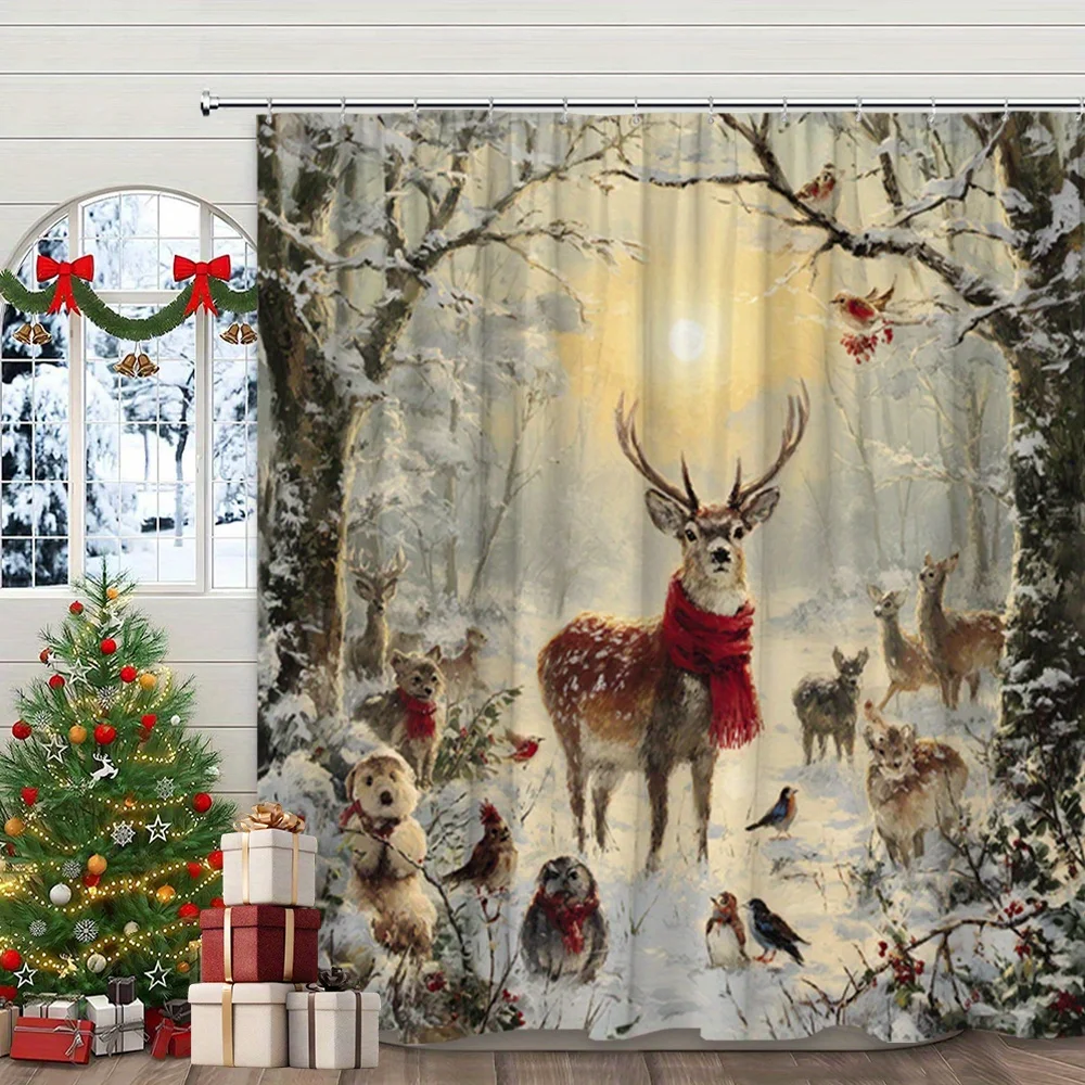 1pc Christmas Winter Forest Shower Curtain, Deer Red Berry Snow Scene, With Hooks, Machine Washable, Holiday Bathroom Decor