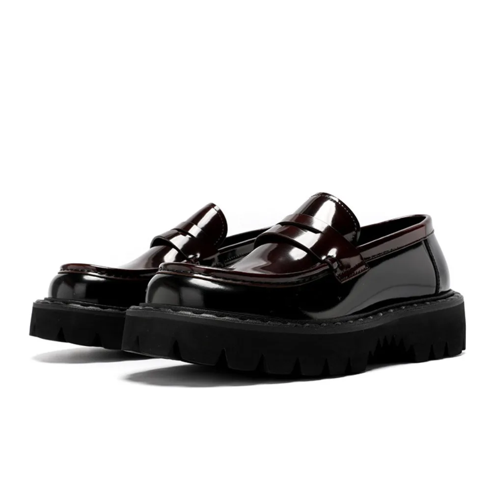 Men Summer Bright Leather Slip on Loafers Thick Sole Height Increasing Genuine Leather Trendy Casual Dress Shoes