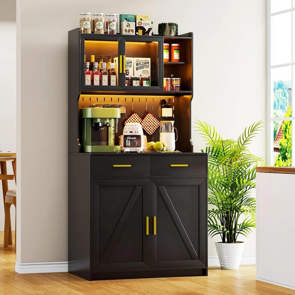 

64 Farmhouse Kitchen Pantry with Auto Sensor LED,Storage Cabinets with 2 Outlets for Microwave & USB-C Ports,Hutch Cabine