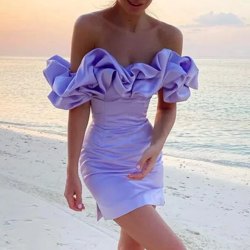 

Elegant Ruffle Off Shoulder Party Dress Fashion Summer Beach Women Waist Wrap Dresses 2023 Sexy Cocktail Bodycon Short Dresses