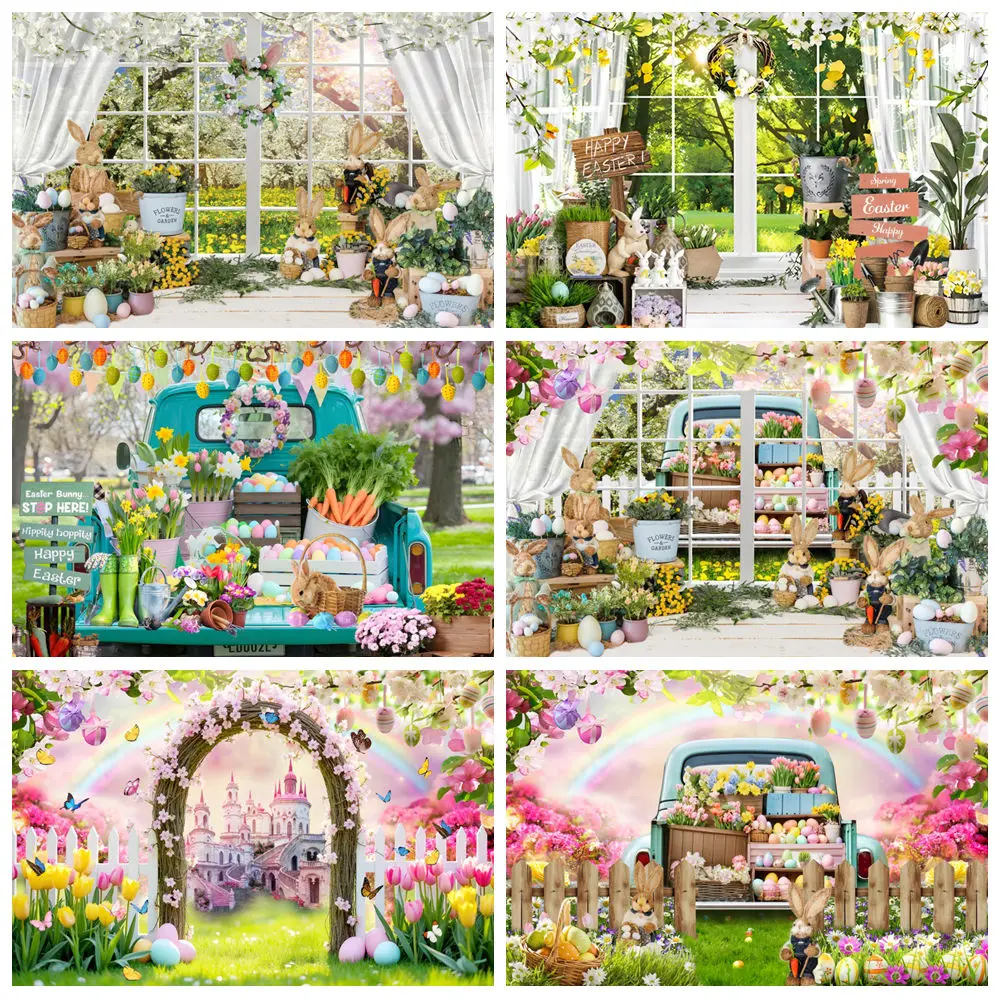 Spring Easter Photography Backdrop Green Grass Rabbit Eggs Bunny Truck Flower Easter Kids Baby Birthday Background Photo Studio