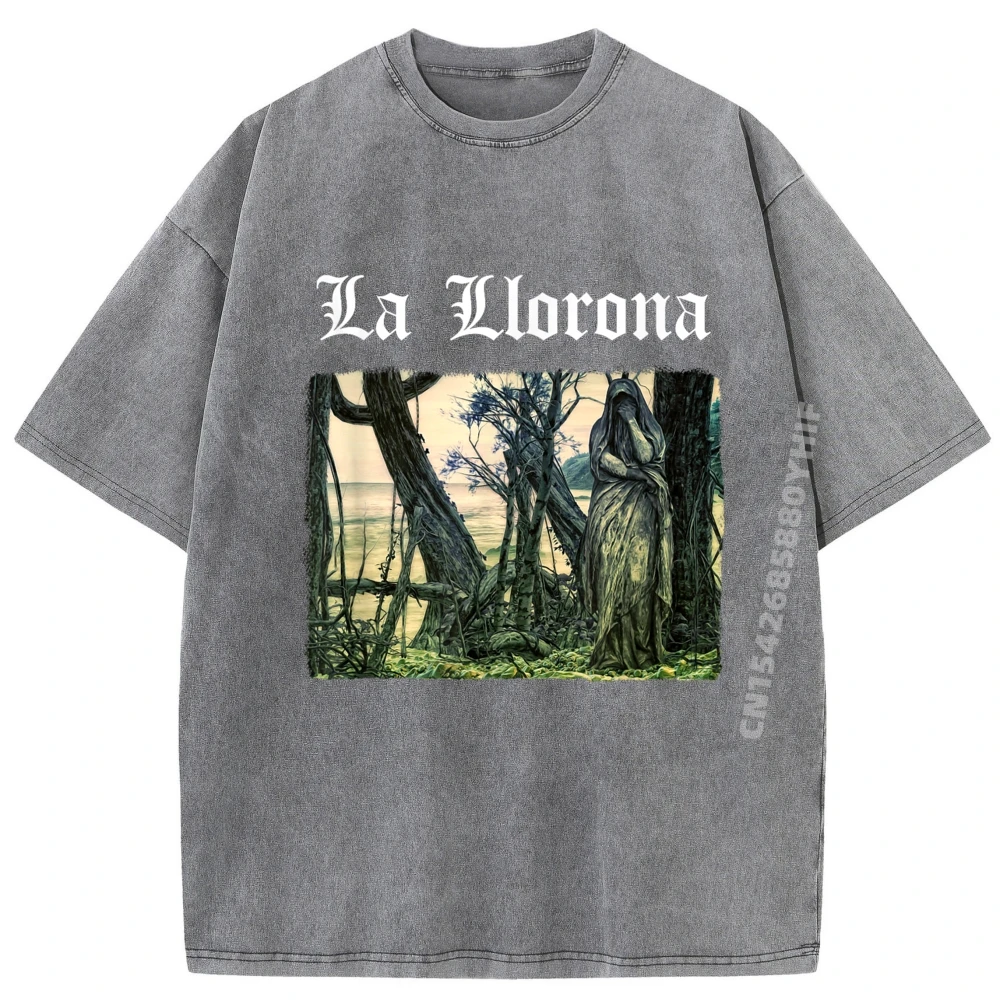 الكلاسيكية غسلها تيز لا لورونا الأسطورة الشعبية لاتينا القوطية موضة تي شيرت الرجال الفرقة بلايز خمر غسلها التي شيرت للرجال #2