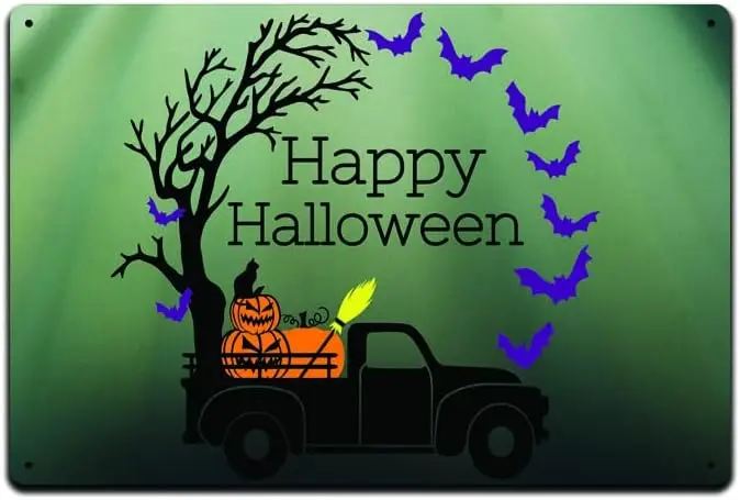 Happy Halloween  Metal Tin Sign Décor Truck Bats Pumpkin Horoscope Chakra Creepy Skeleton Gothic Goth Grunge Castle Sk