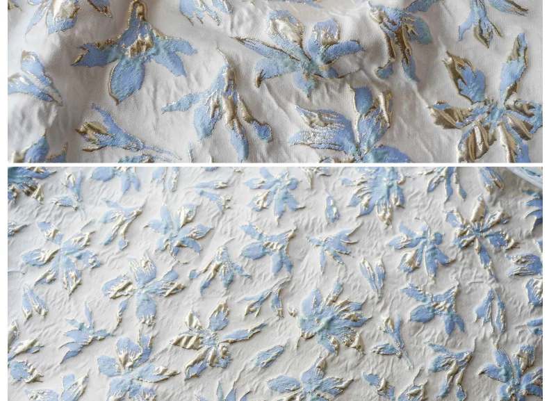 Light Blue Gold Embossed Flower Silk Damask Fabric Brocade Jacquard Fabrics Wedding Dress DIY Sewing Clothing Material By Meter