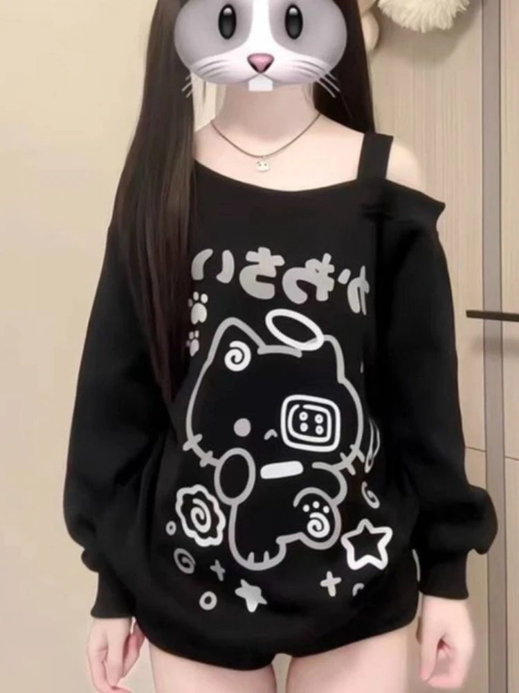 Japanisches Sweet Cat Off-Shoulder-Top, schwarz, Y2k-Grafik, Oversize-Langarm-One-Shoulder-T-Shirt für Damen, lockerer Schnitt, Frühling/Sommer