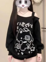 Camiseta japonesa Sweet Cat con hombros descubiertos, camiseta negra Y2k con gráfico oversize de manga larga y un solo hombro para mujer, holgada, para primavera y verano