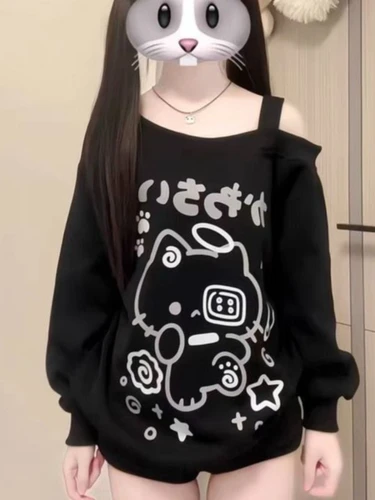 Imagen 1 del producto Camiseta japonesa Sweet Cat con hombros descubiertos, camiseta negra Y2k con gráfico oversize de manga larga y un solo hombro para mujer, holgada, para primavera y verano
