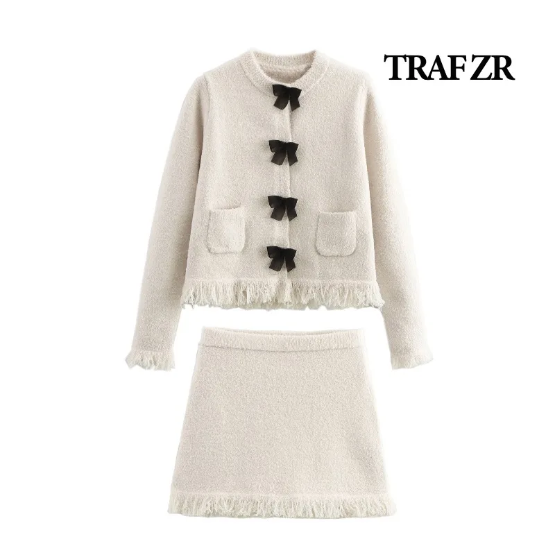 TRAF ZR Bow Set Woman Two Pieces Casual Elegant England Style Y2k Outfit Set Long Sleeve Sets Autumn Knit Mini Skirts Sets